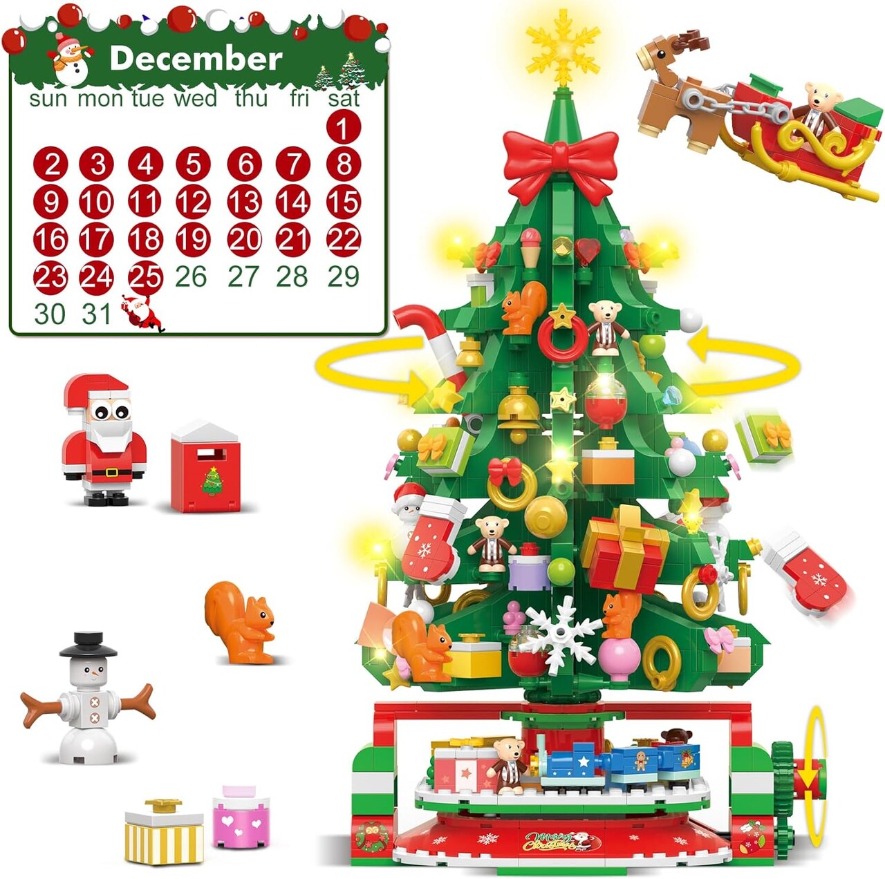 Advent Calendar 2024 Rotating Christmas Tree Mini Building Set with LED Light, 24 Days Christmas Countdown Building Blocks with Santa Snowman and Train, XMas Gift for Adults Kids 8+(1145PCS)